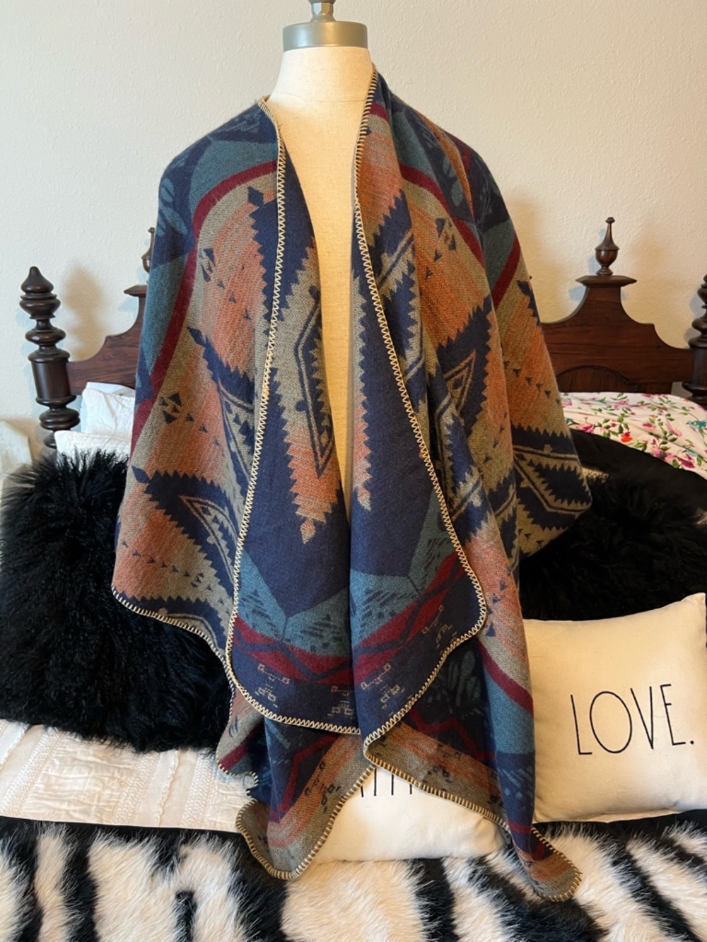 Southwestern Reversible Patterned Shawl Wrap in Navy, Rust, Teal
